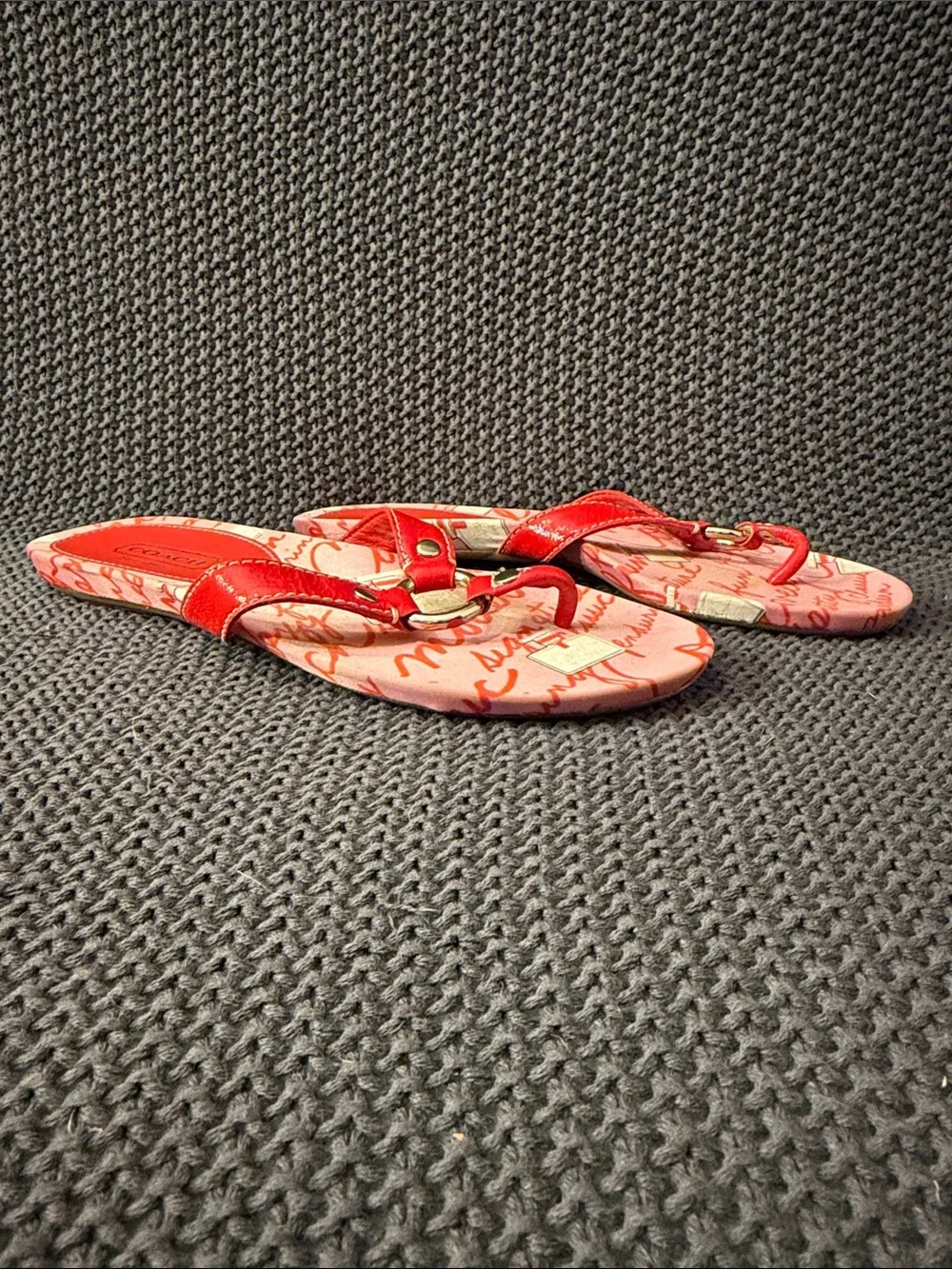 Coach Starla Red and Pink Script Print Leather Thong Sandals 7.5